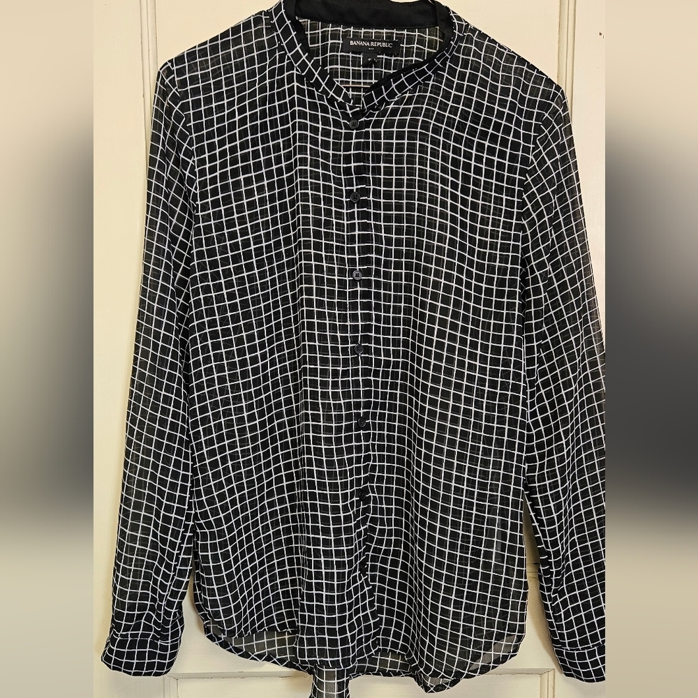 Banana Republic Black and White Grid Sheer Shirt Small